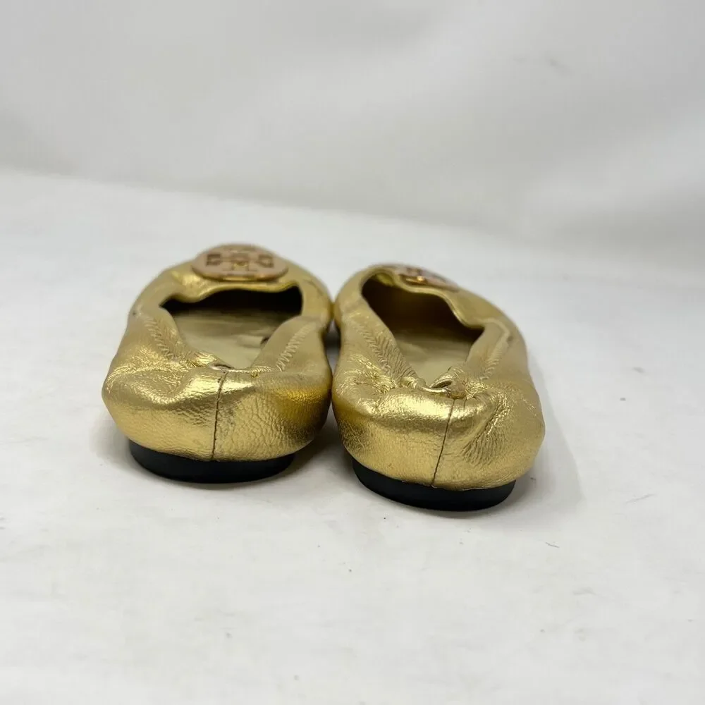 TORY BURCH Reva Gold Leather Flat Ballet Ballerina Shoes with T-Logo Women's 8.5